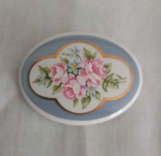 1960s Pink & Blue Oval Bone China Flower Printed Brooch