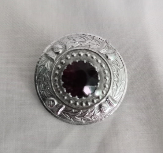 1950s Silvertone & Purple Rhinestone Round Scottish Style Thistle Brooch