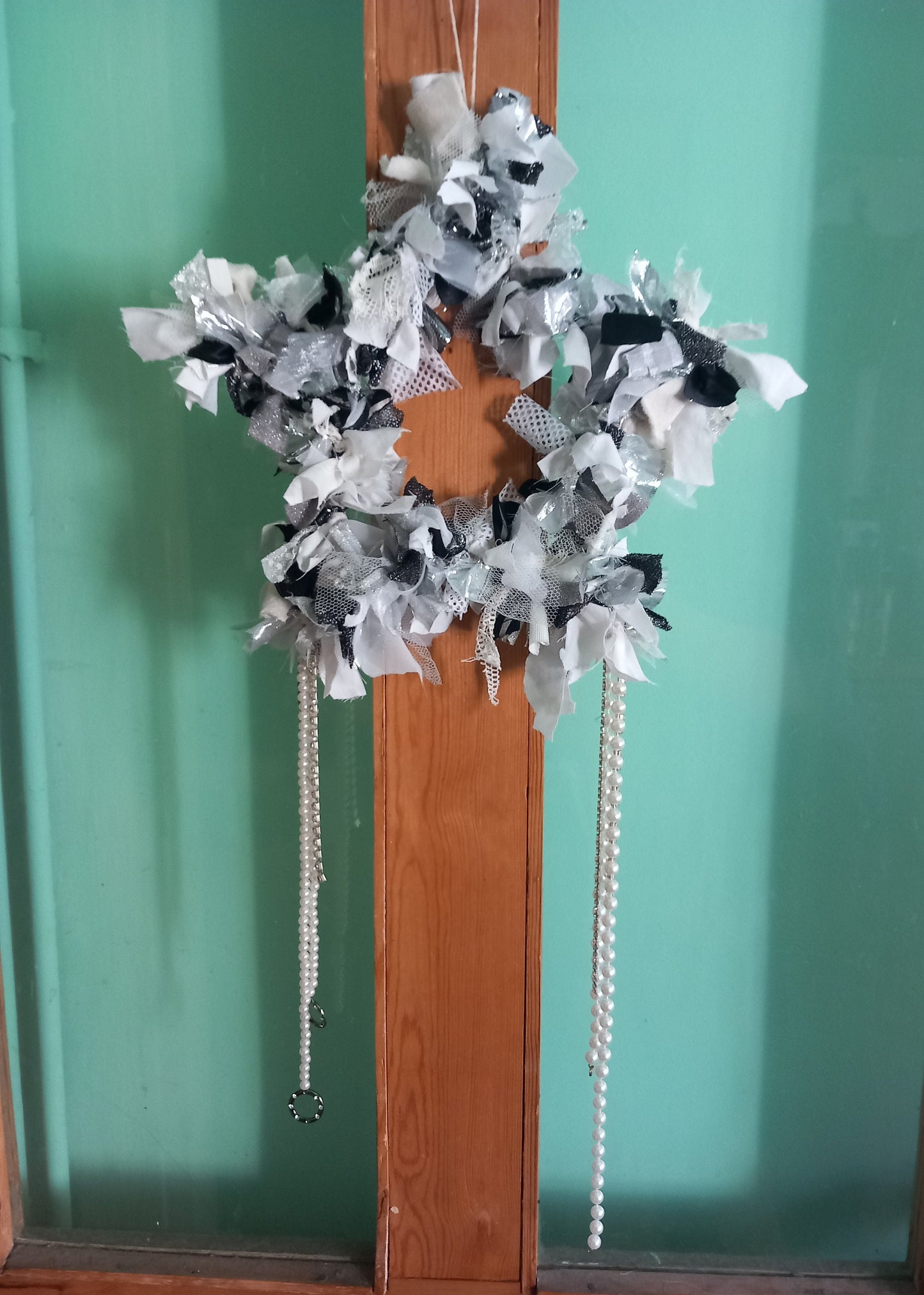 Handmade White, Silver & Black Star Winter Rag Door Wreath