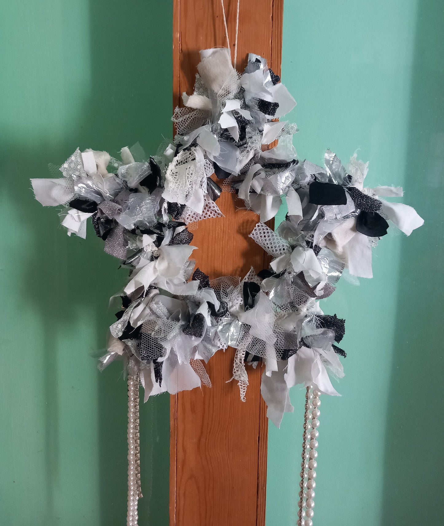 Handmade White, Silver & Black Star Winter Rag Door Wreath