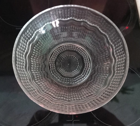 Mid century clear pressed glass serving bowl with ripple pattern 9.5"