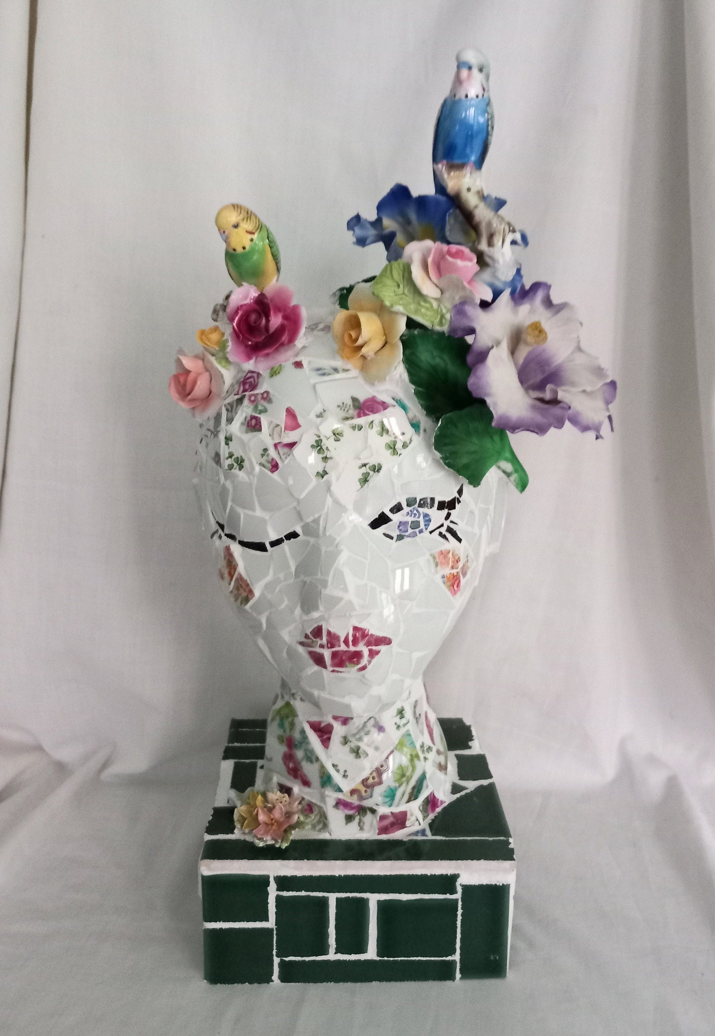 Hand made female bust mosaic assemblage sculpture 'Mother Nature' 19"