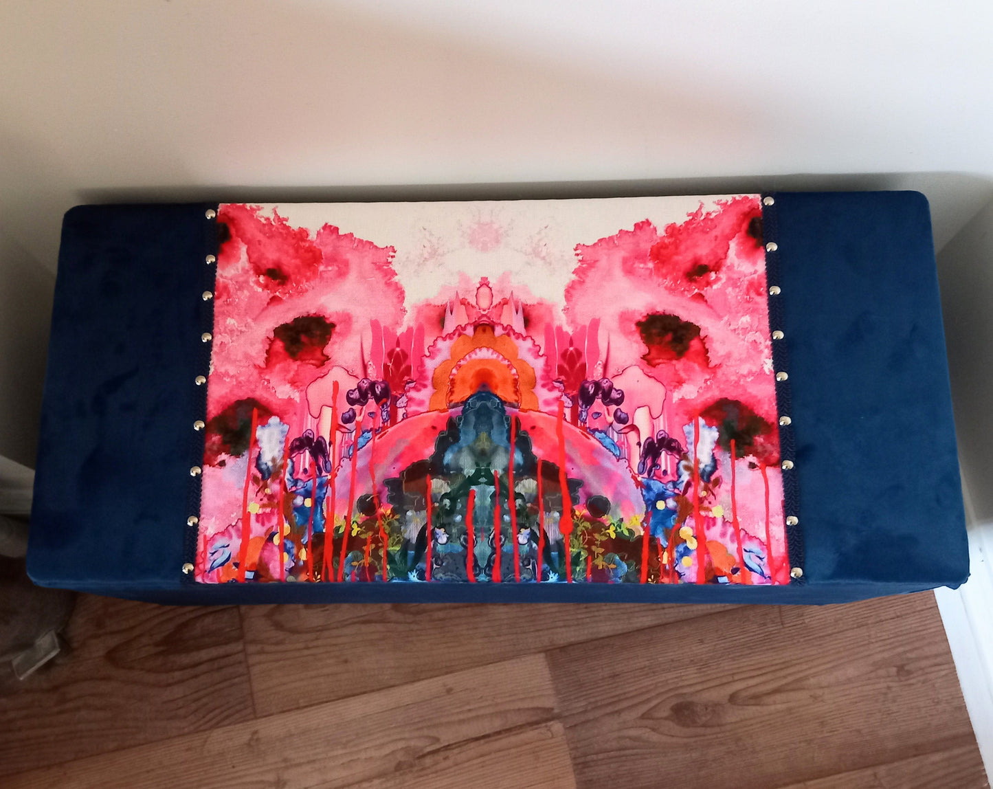 Mid Century Ottoman Chest Reupholstered With Timorous Beasties Thunder Blotch Cotton & Blue Velvet