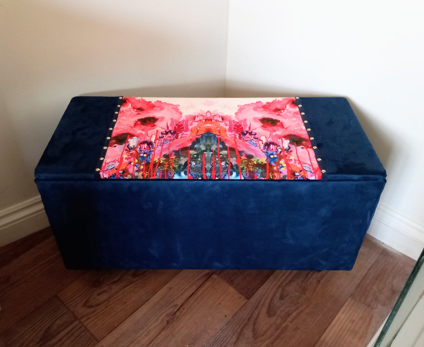 Mid Century Ottoman Chest Reupholstered With Timorous Beasties Thunder Blotch Cotton & Blue Velvet