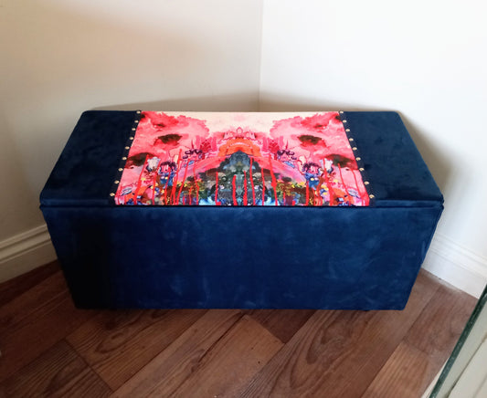 Mid Century Ottoman Chest Reupholstered With Timorous Beasties Thunder Blotch Cotton & Blue Velvet
