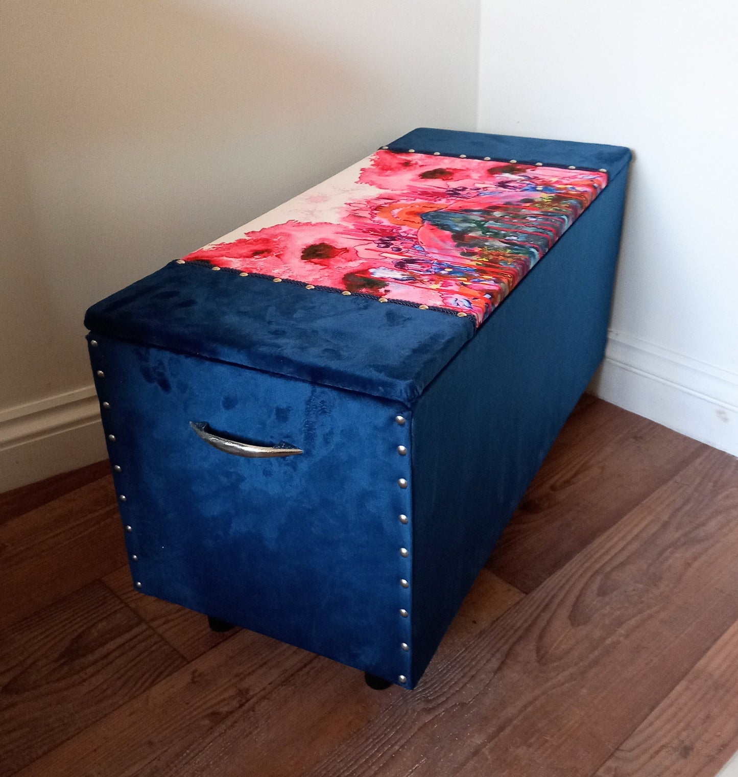 Mid Century Ottoman Chest Reupholstered With Timorous Beasties Thunder Blotch Cotton & Blue Velvet