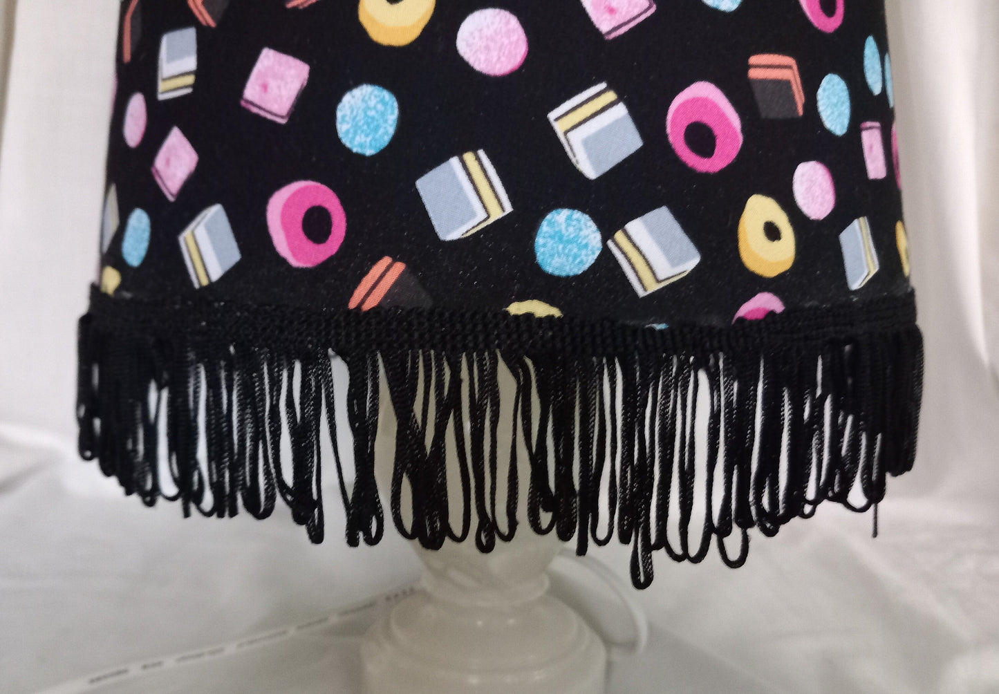 Hand made black fringed liquorice allsort lampshade 9.5"
