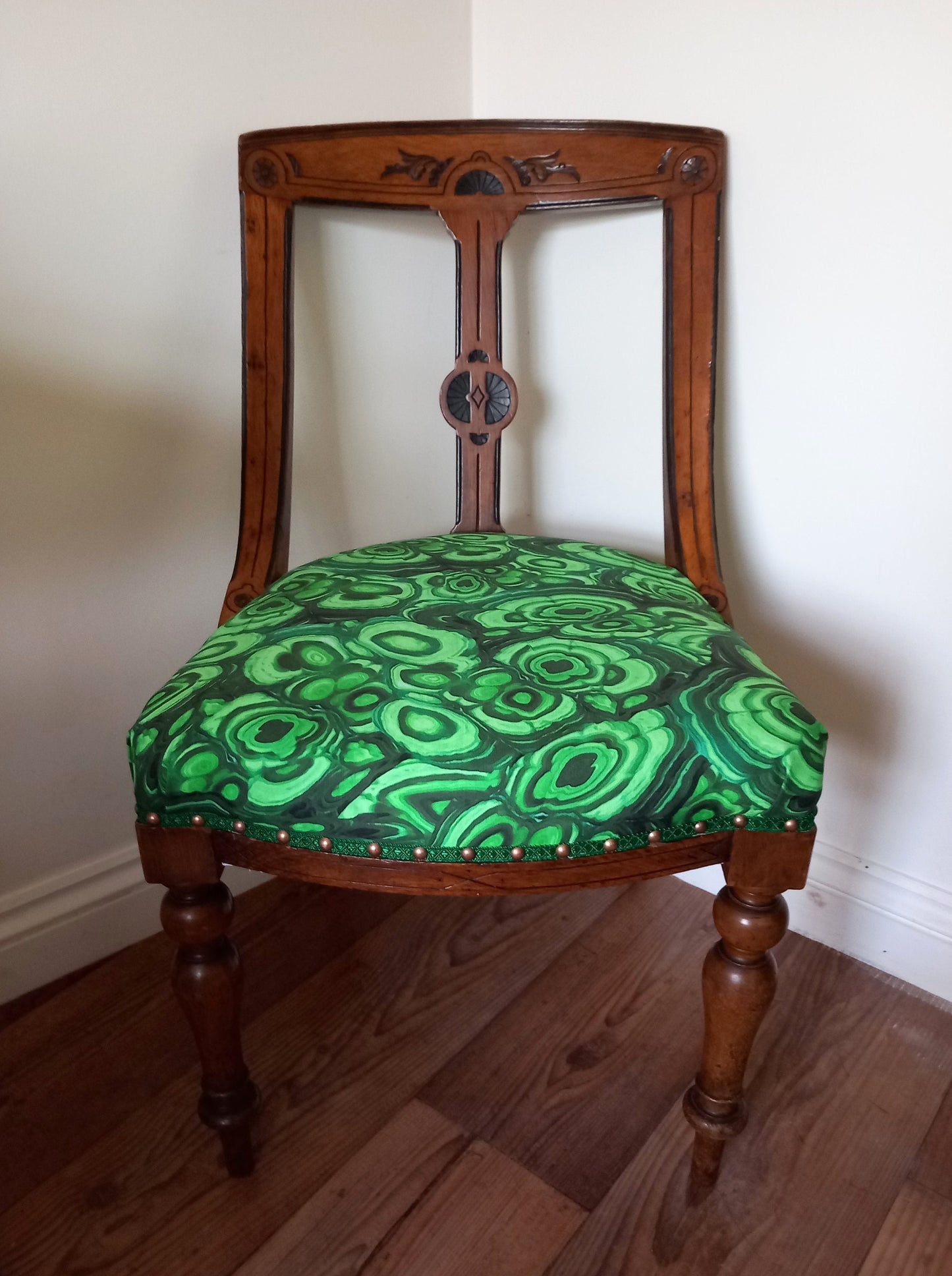 Victorian Wooden Chair Reupholstered With Green Malachite Print Fabric