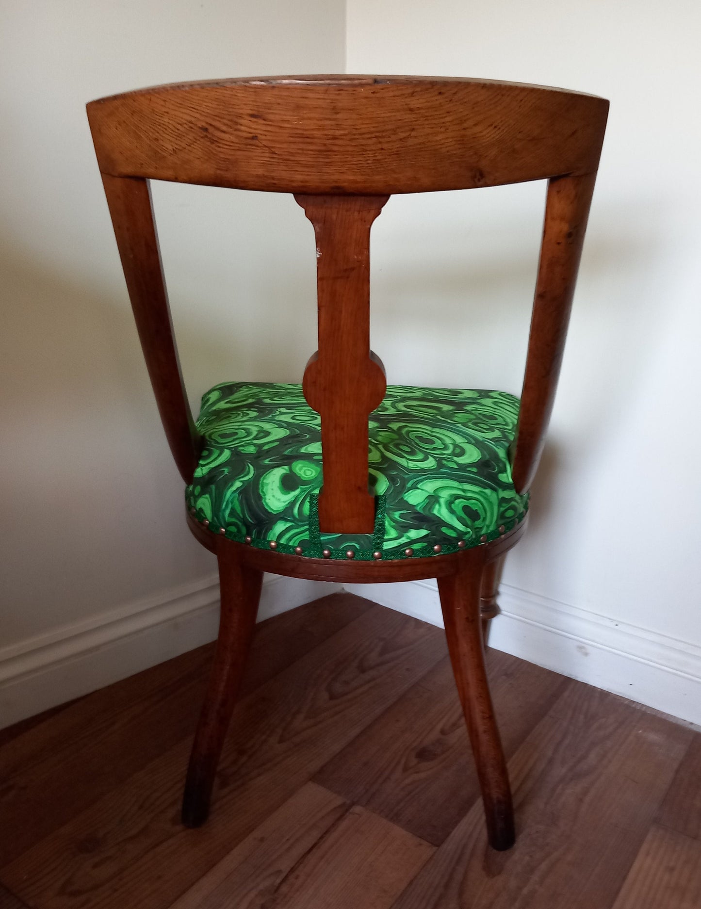 Victorian Wooden Chair Reupholstered With Green Malachite Print Fabric