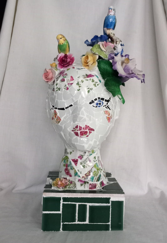 Hand made female bust mosaic assemblage sculpture 'Mother Nature' 19"