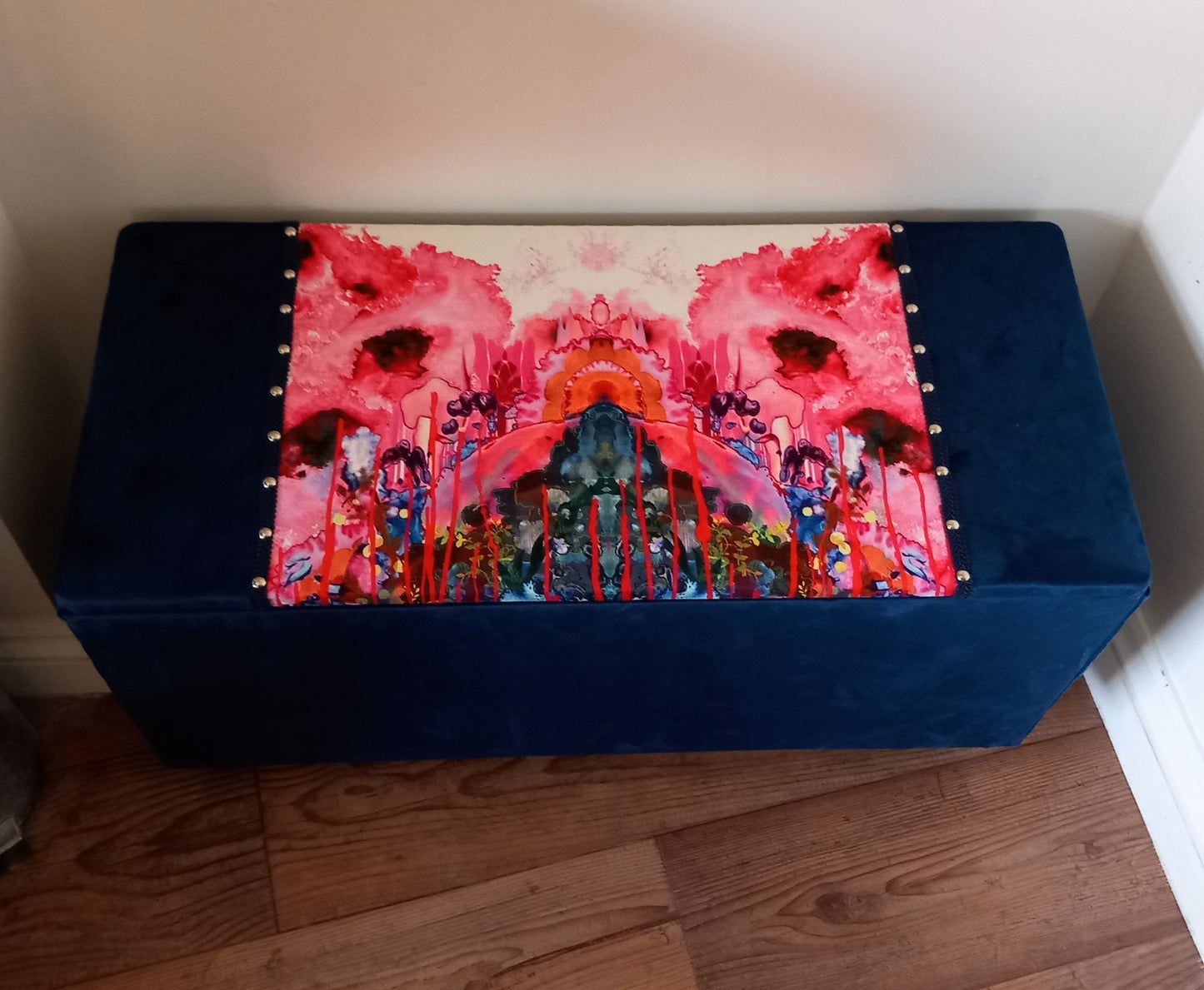 Mid Century Ottoman Chest Reupholstered With Timorous Beasties Thunder Blotch Cotton & Blue Velvet