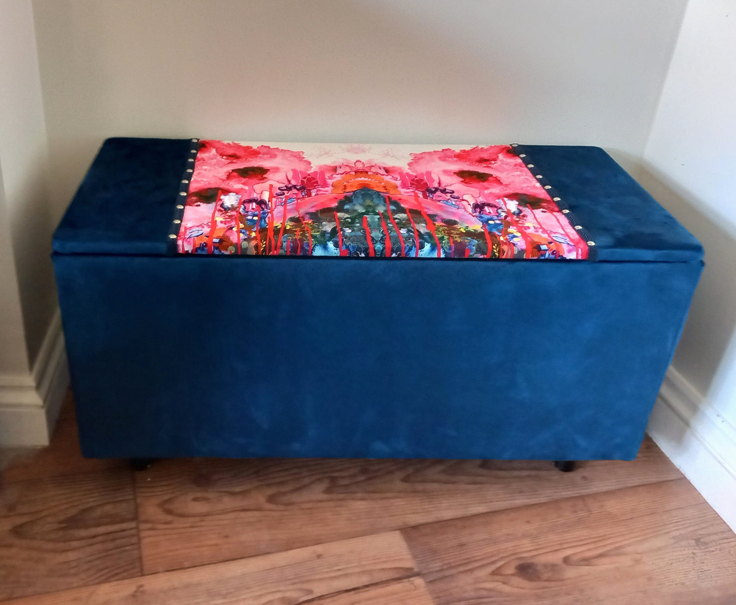 Mid Century Ottoman Chest Reupholstered With Timorous Beasties Thunder Blotch Cotton & Blue Velvet