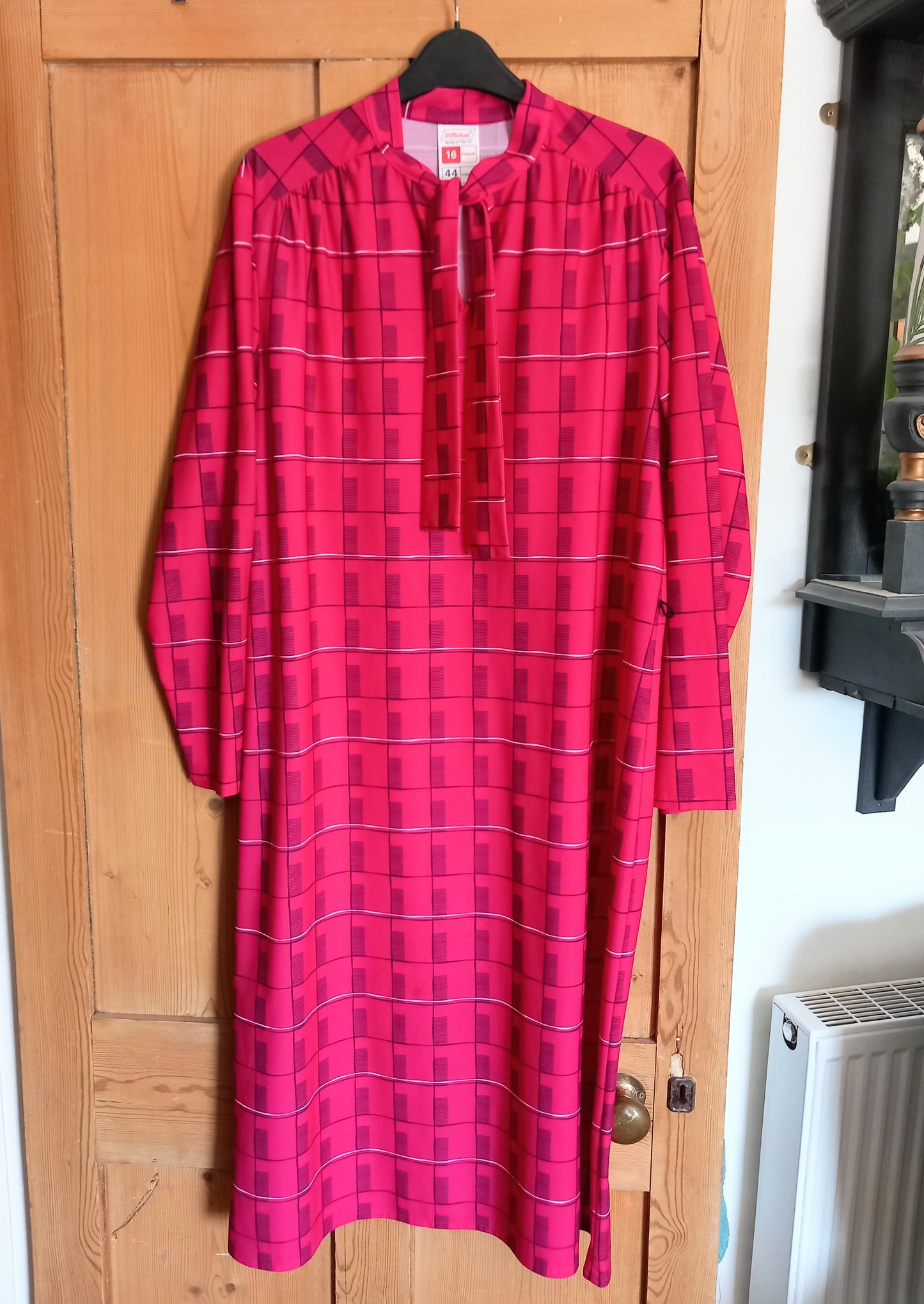 St Michael 1980s Electric Pink Black Check Pussybow Tie Neck Dress 16