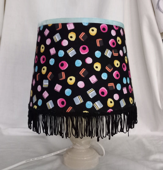 Hand made black fringed liquorice allsort lampshade 9.5"