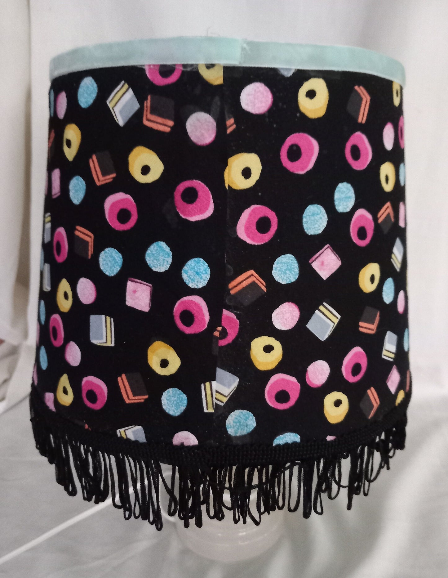 Hand made black fringed liquorice allsort lampshade 9.5"