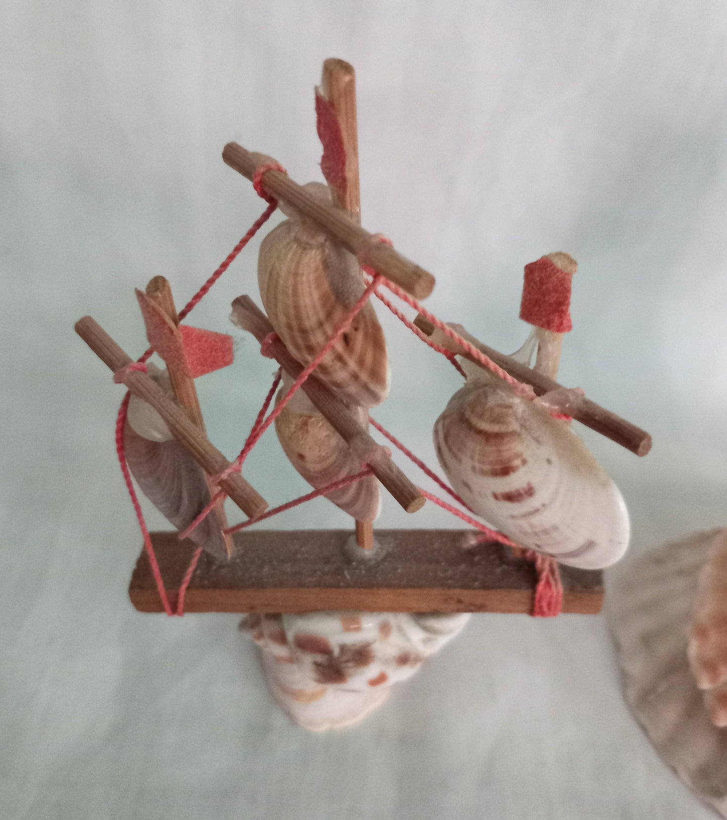 2 Sea Shell Folk Art Hand Made Shell Figurines Of A Ship & Lady
