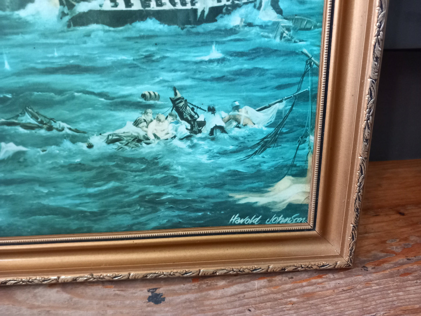 Mid Century Ship Print Trafalgar Nelson's Victory By Harold Johnson In Gilt Frame 31.75"
