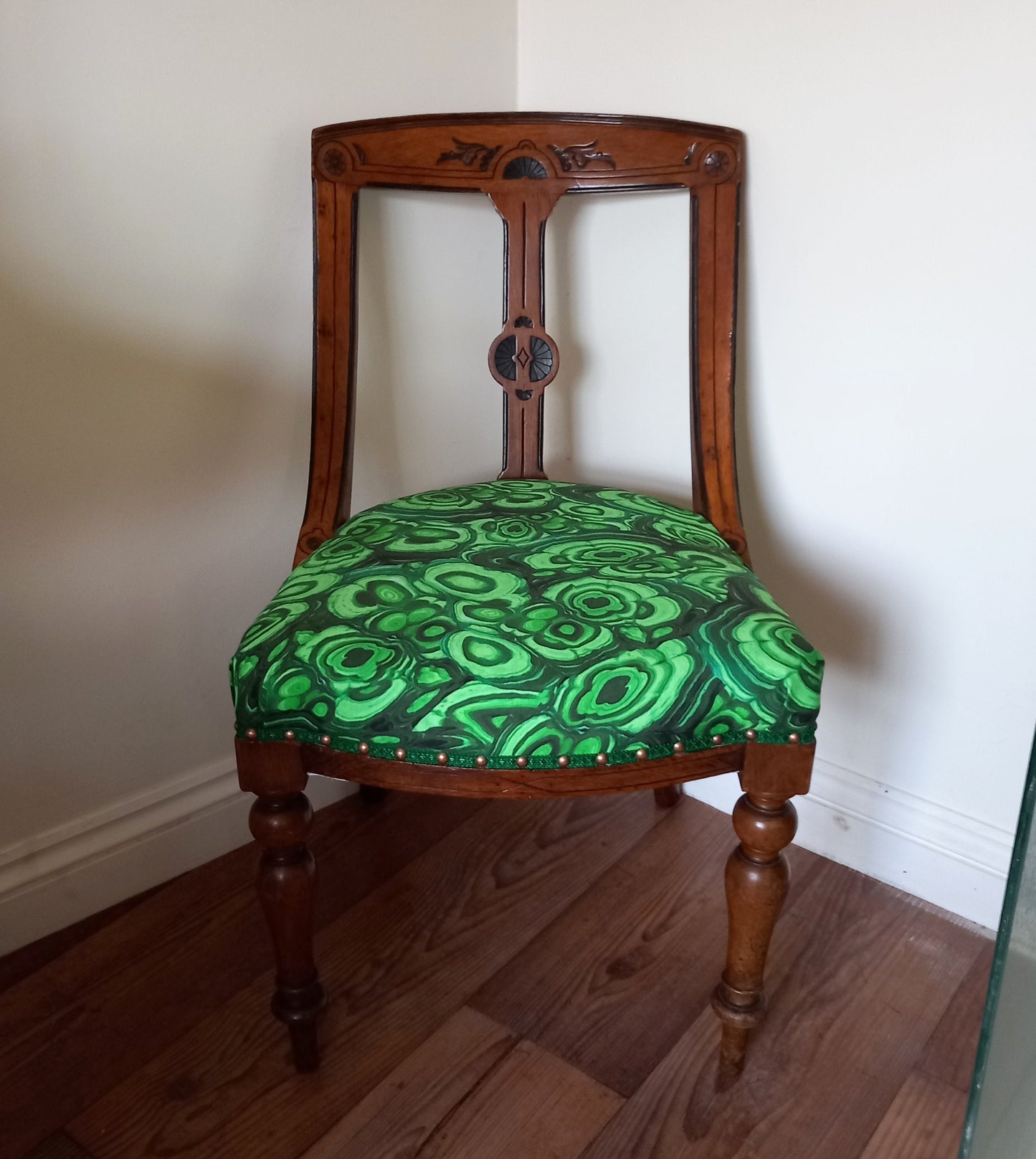 Victorian Wooden Chair Reupholstered With Green Malachite Print Fabric