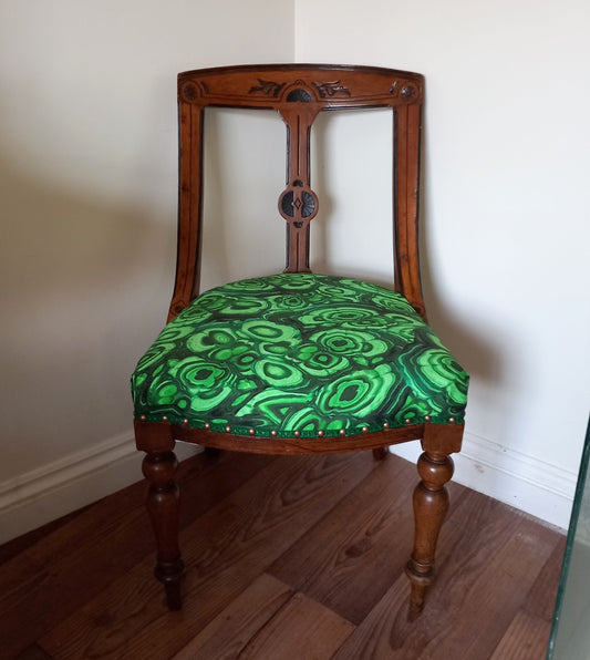 Victorian Wooden Chair Reupholstered With Green Malachite Print Fabric