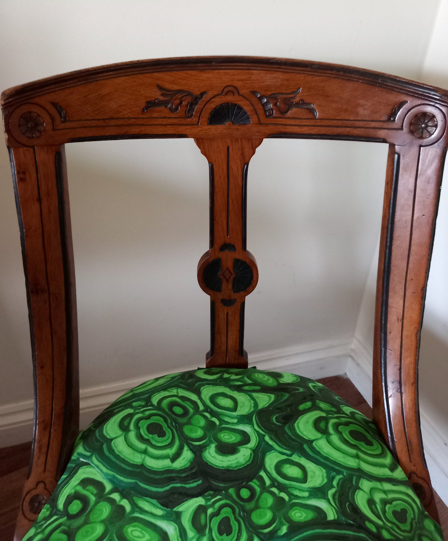 Victorian Wooden Chair Reupholstered With Green Malachite Print Fabric