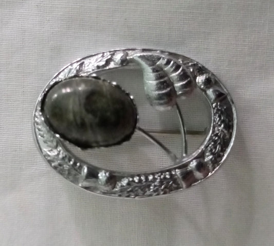 Mid Century Mizpah Thistle Design Polished Grey Marble Stone Brooch