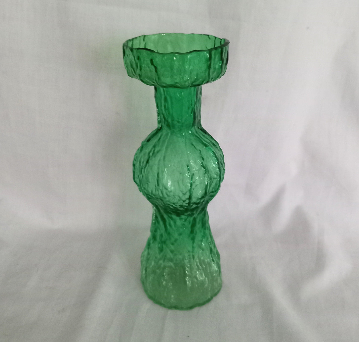Mid Century Japanese Green Bark Textured Glass Vase Or Candle Holder