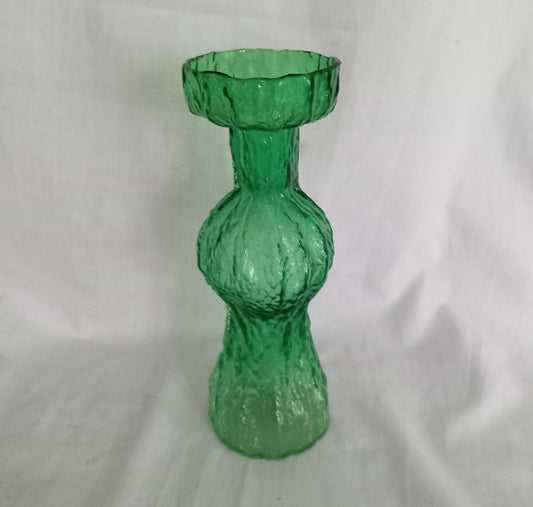 Mid Century Japanese Green Bark Textured Glass Vase Or Candle Holder