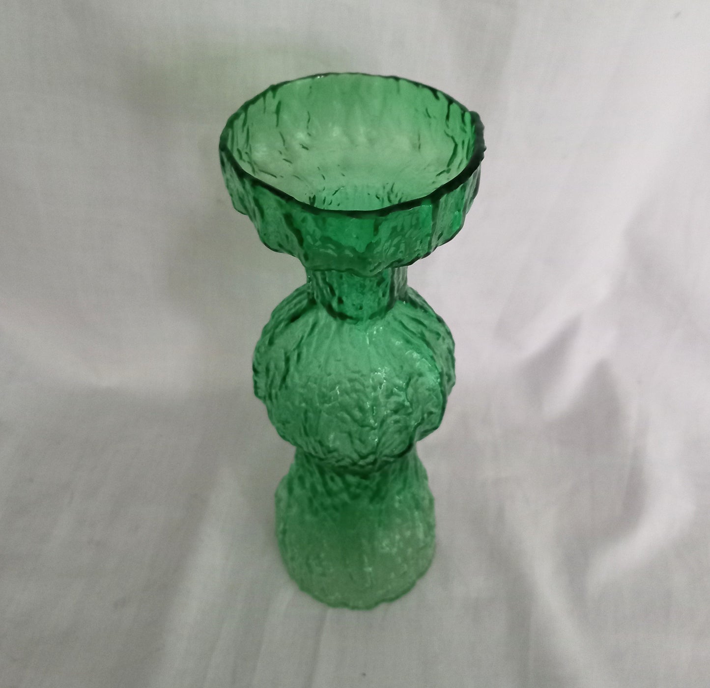Mid Century Japanese Green Bark Textured Glass Vase Or Candle Holder