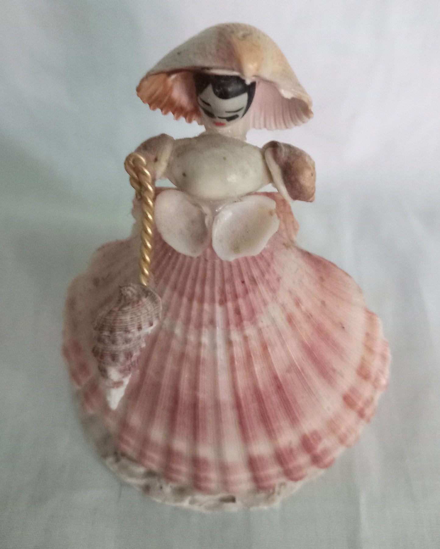 2 Sea Shell Folk Art Hand Made Shell Figurines Of A Ship & Lady