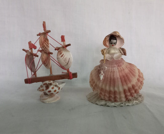 2 Sea Shell Folk Art Hand Made Shell Figurines Of A Ship & Lady