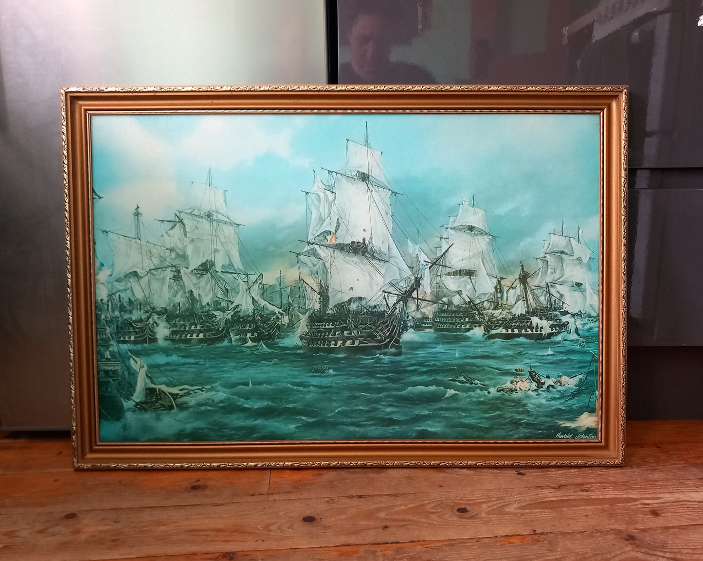 Mid Century Ship Print Trafalgar Nelson's Victory By Harold Johnson In Gilt Frame 31.75"
