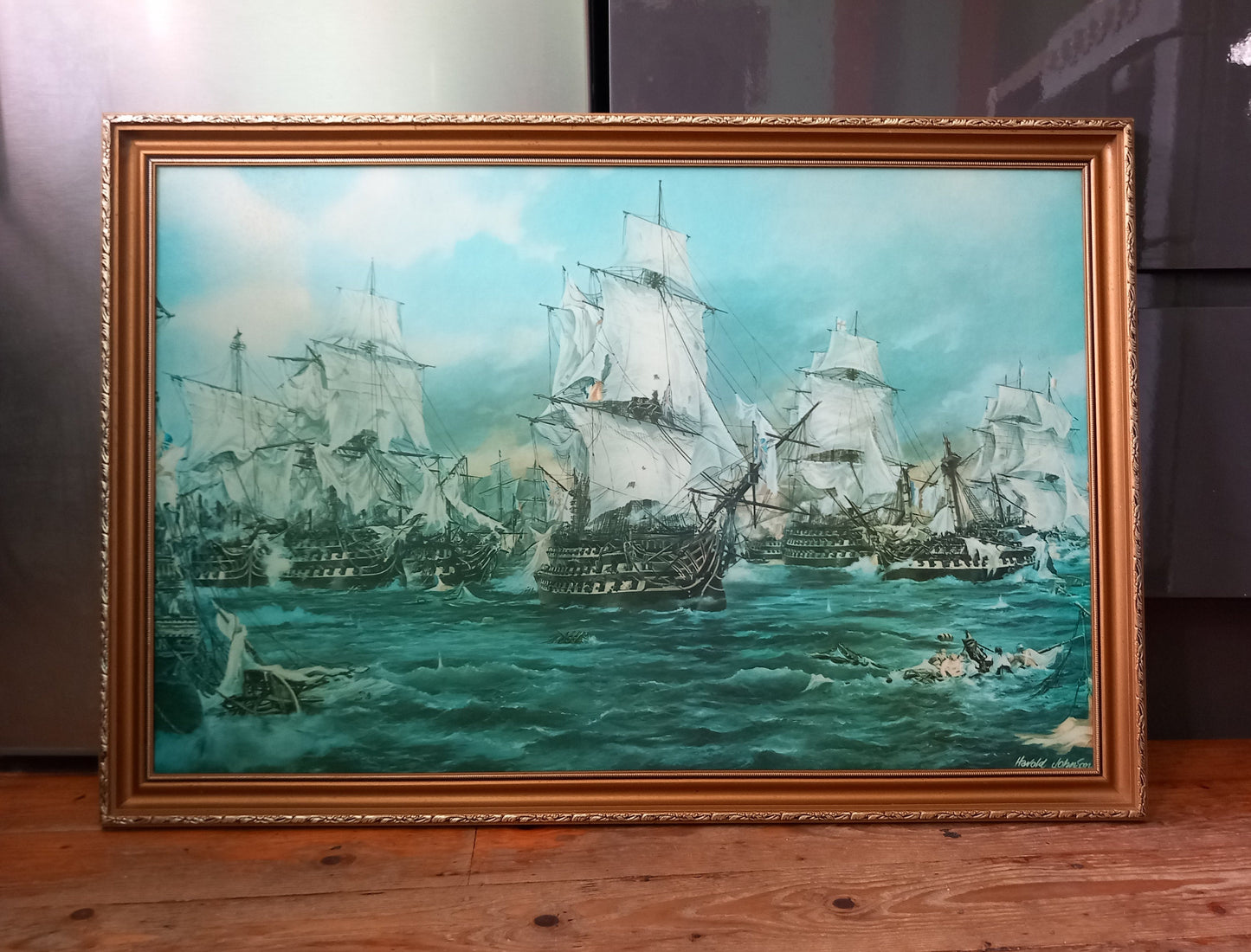 Mid Century Ship Print Trafalgar Nelson's Victory By Harold Johnson In Gilt Frame 31.75"