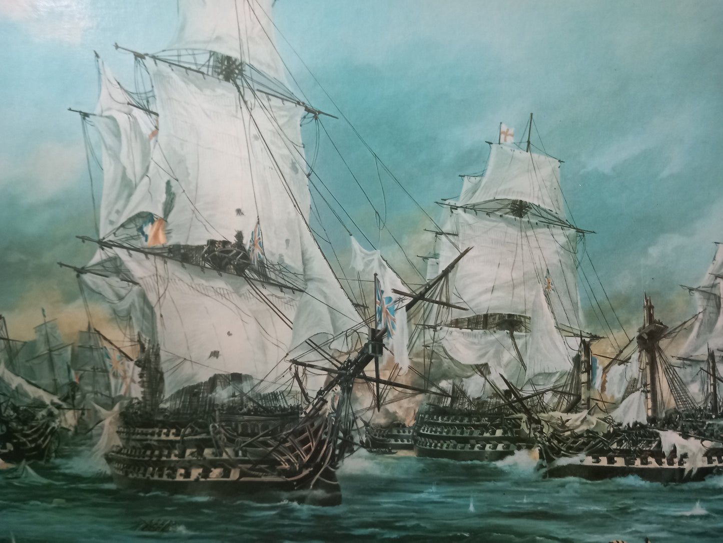 Mid Century Ship Print Trafalgar Nelson's Victory By Harold Johnson In Gilt Frame 31.75"