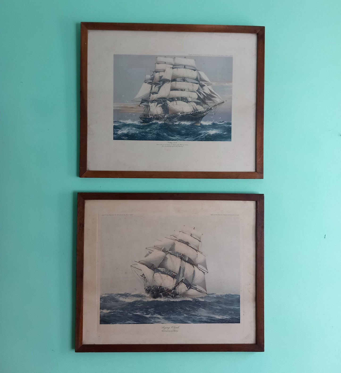 Pair of Antique Sailing Ship Prints In Period Wooden Frames - Cutty Sark and Flying Cloud