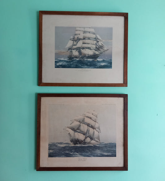 Pair of Antique Sailing Ship Prints In Period Wooden Frames - Cutty Sark and Flying Cloud