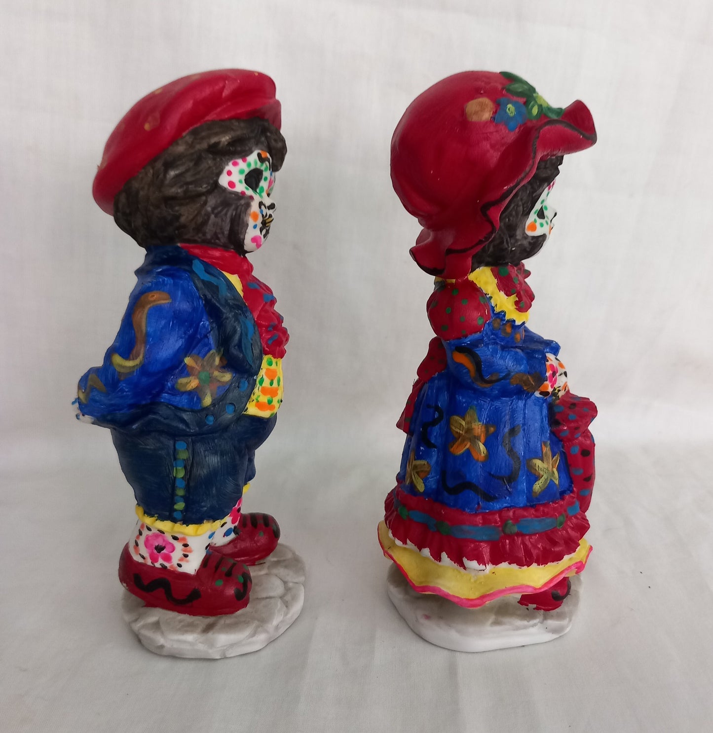 Pair Of Hand Painted Day Of The Dead Boy & Girl Sugar Skull Statues