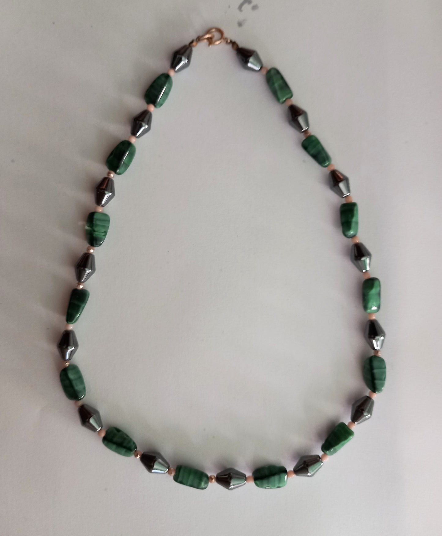 1960s Green Pearlised Glass & Pewter Grey Stone bead necklace