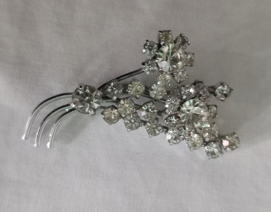 1940s Silvertone & Clear Rhinestone Flower Brooch