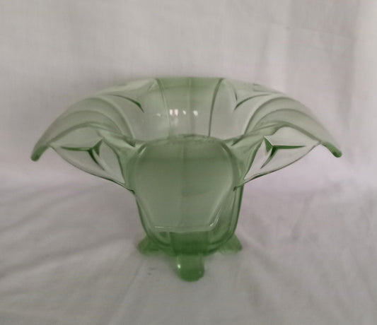 Art Deco Green Pressed Glass Trumpet Vase With Flower Frog