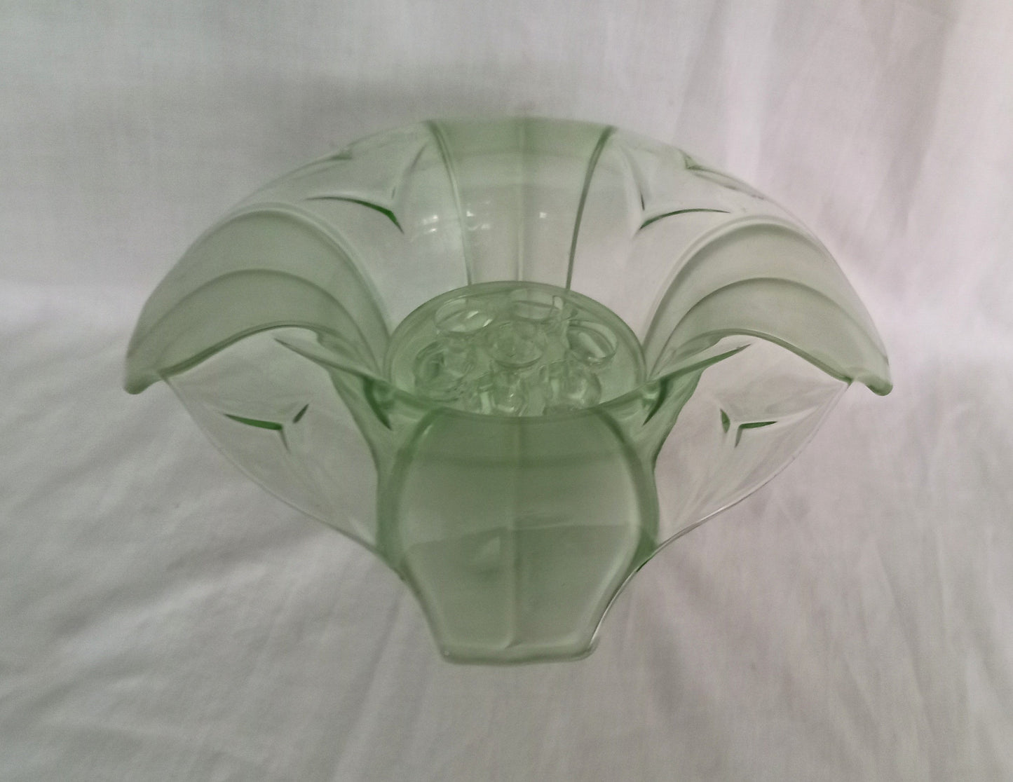 Art Deco Green Pressed Glass Trumpet Vase With Flower Frog