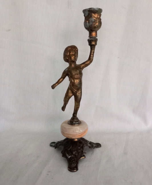 1970s Rococo Style Brass & Onyx Cherub Candlestick