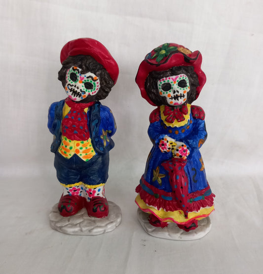 Pair Of Hand Painted Day Of The Dead Boy & Girl Sugar Skull Statues