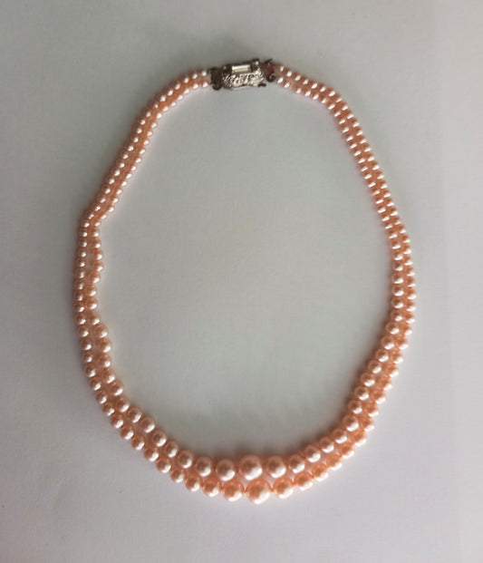 Mid Century Two Stranded White Glass Pearl Graduated Bead Necklace With Rhinestone Clasp