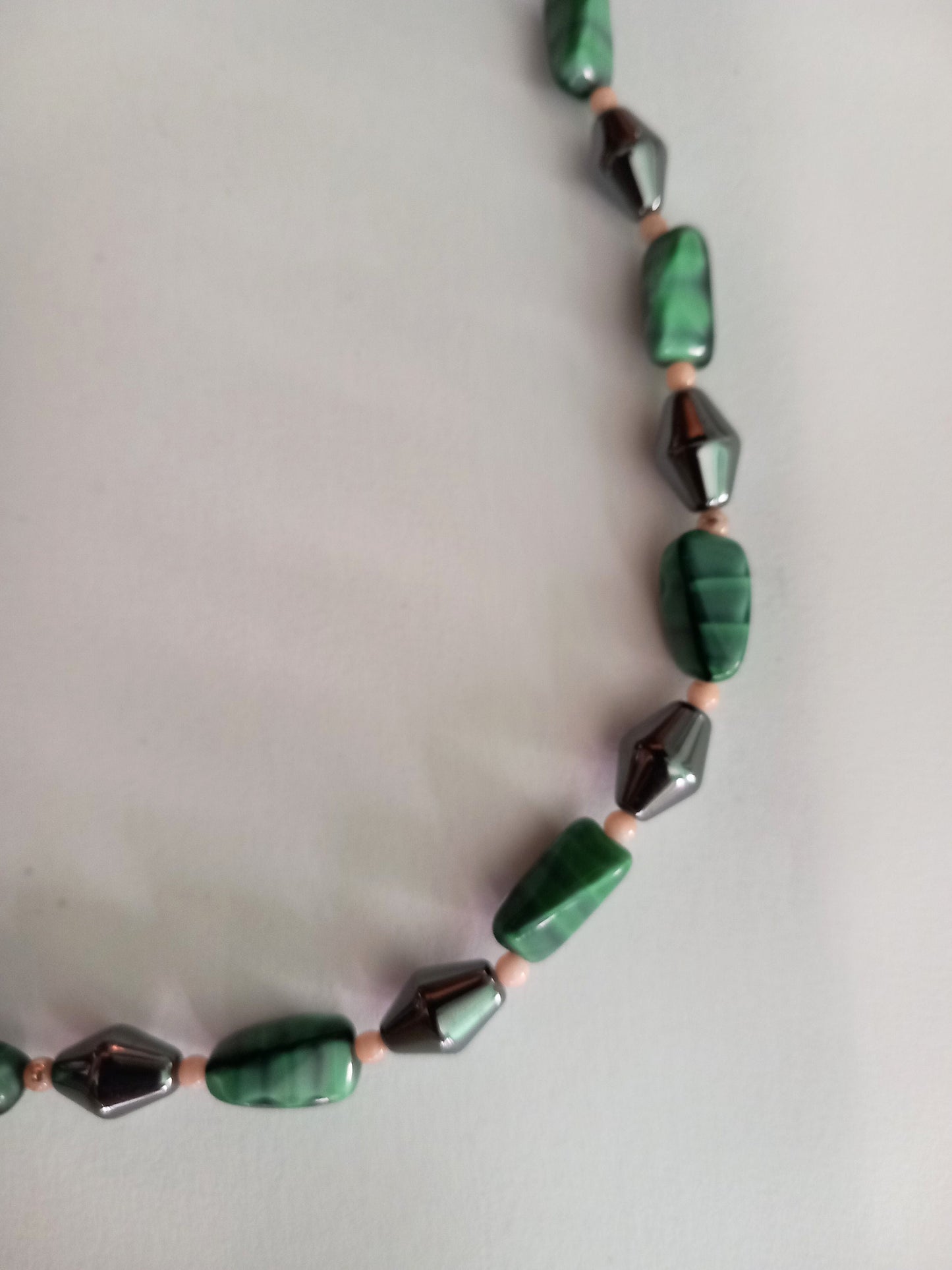 1960s Green Pearlised Glass & Pewter Grey Stone bead necklace