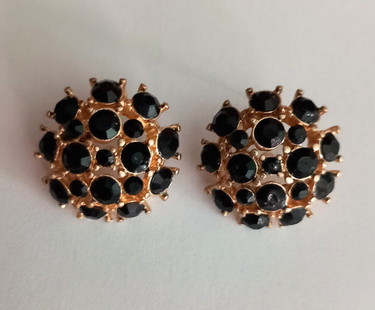 1980s Goldtone & Black Rhinestone Round Earrings