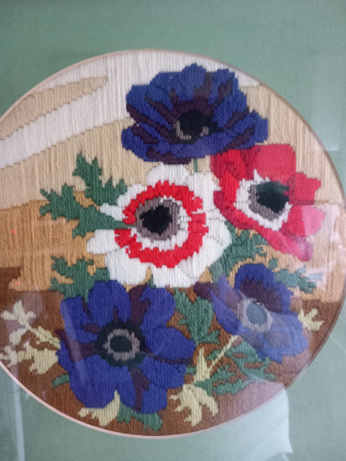 Late 20th century red and purple embroidered poppy flower textile wall art in gilt frame 14.75"