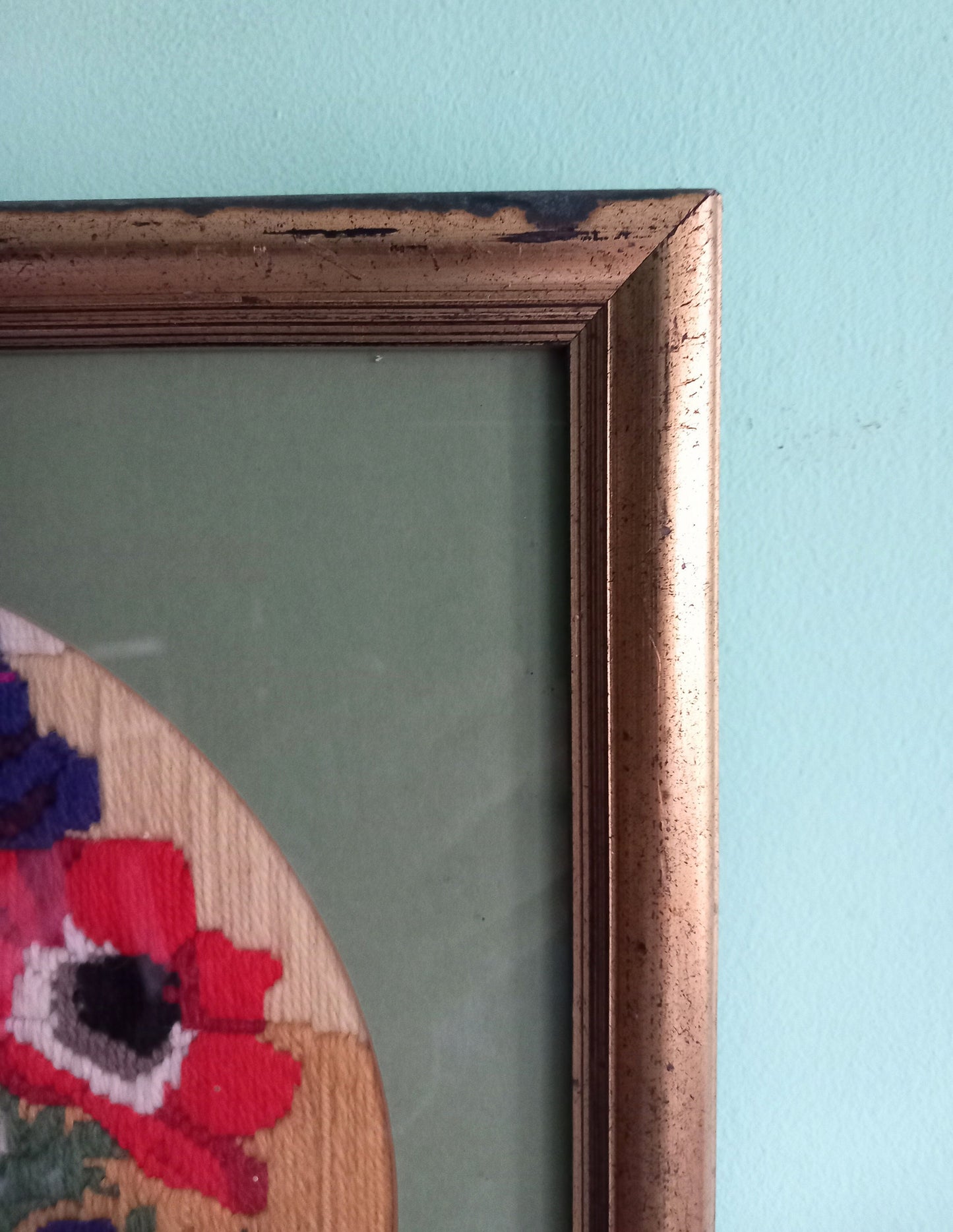 Late 20th century red and purple embroidered poppy flower textile wall art in gilt frame 14.75"