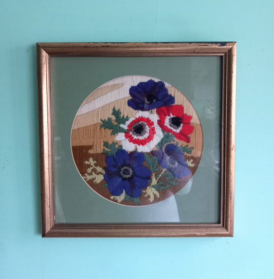 Late 20th century red and purple embroidered poppy flower textile wall art in gilt frame 14.75"