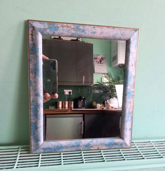 1980s Blue Flower Design Resin framed small wall mirror 12"