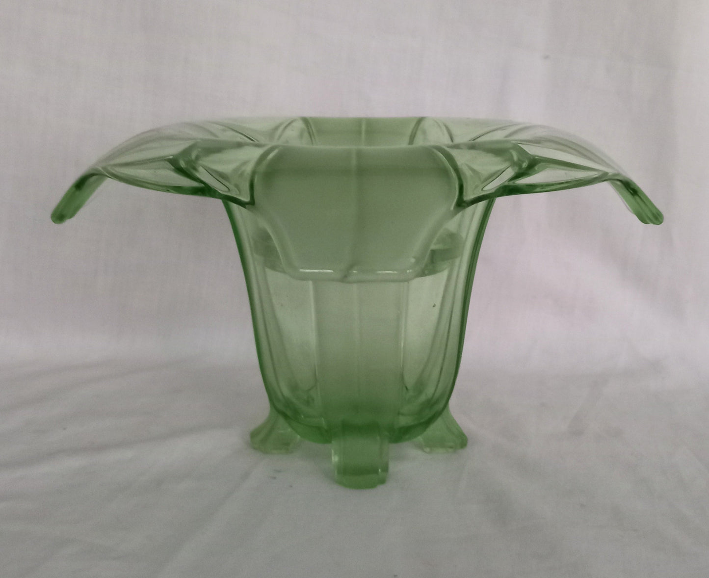 Art Deco Green Pressed Glass Trumpet Vase With Flower Frog